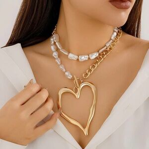 Gold and White pearls  Heart Pendant Necklace